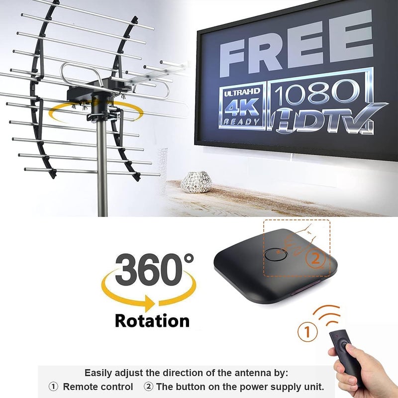 pibidi Digital HD TV Antenna, Amplified Attic/Outdoor Antenna, 360 Degree Rotation Wireless Remote, 4K 1080P VHF UHF, Mounting Pole Included, 200 Miles Range - Image 2